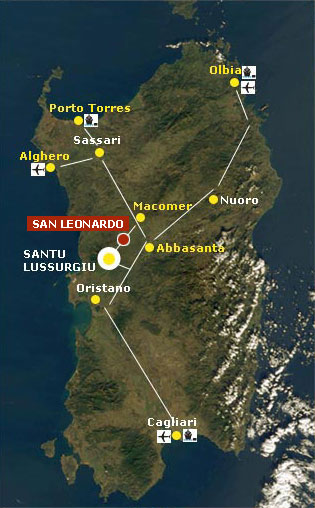 Cartina della Sardegna con indicazioni per arrivare a San Leonardo - Santu Lussurgiu